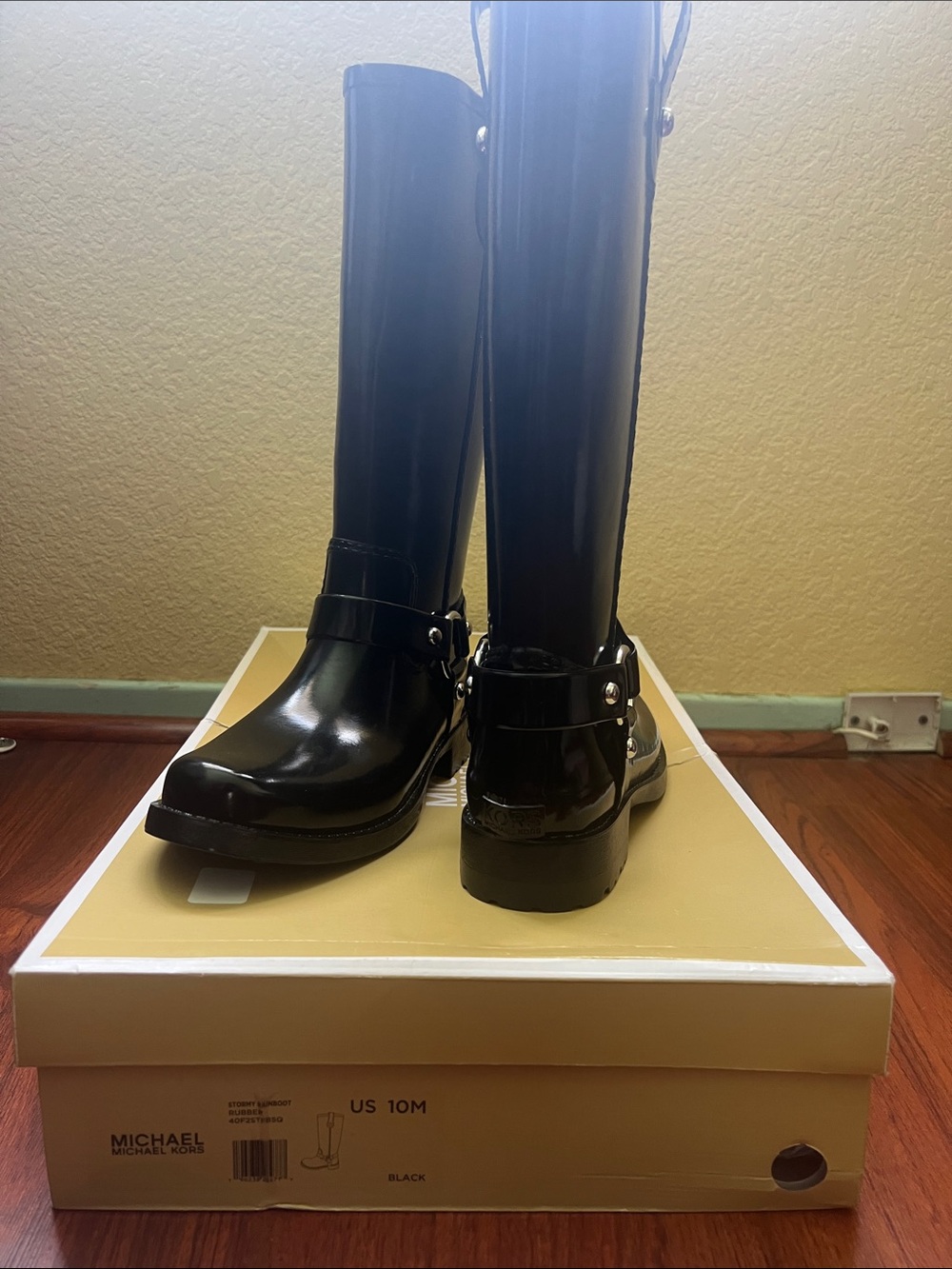 Michael Kors Glossy Black Knee-High Rain Boots with Harness
